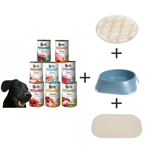 Zestaw dla psa - spowalniacz jedzenia, mata pod miski 47×30 cm, miska L, Brit Pate & Meat MIX 8 SMAKÓW 400g x8 mokra karma dla psa bezzbożowa mięsna