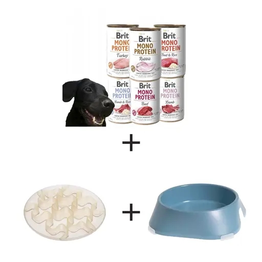 Zestaw dla psa - spowalniacz jedzenia, mata L, miska L, mokra karma Brit MONO PROTEIN MIX 6 smaków 12x400g na alergie dla psa