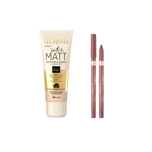 Zestaw Eveline: Podkład matujący Satin Matt + żelowa konturówka do ust Variété nr 03
