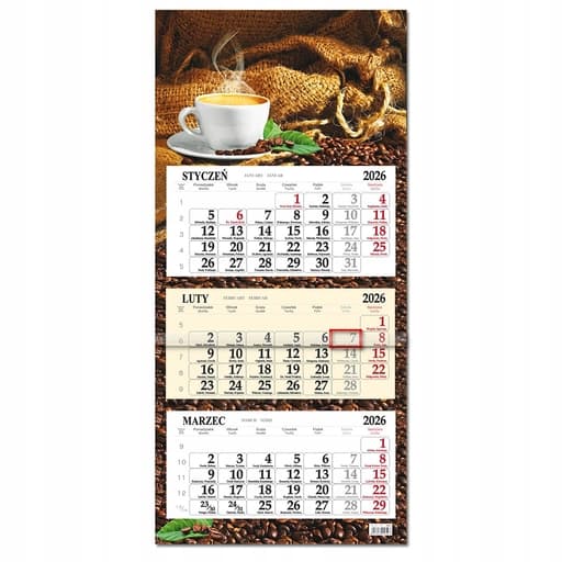 Kalendarz trójdzielny ścienny 2026 – 3 miesiące, pasek z okienkiem, Kawa - Dawid Woźniak