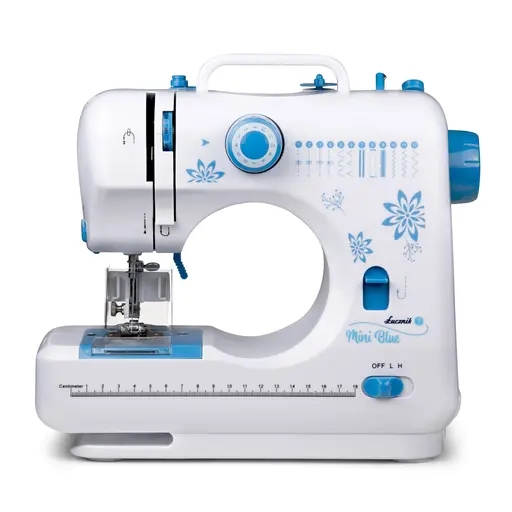 Maszyna do szycia ŁUCZNIK Mini Blue + osłonka na palce, akcesoria + wykroje CONATOTATO