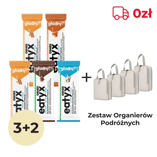 Zestaw od FlywithDominik eatyx posiłek w batonie 3+2 GRATIS + zestaw organizerów podróżnych