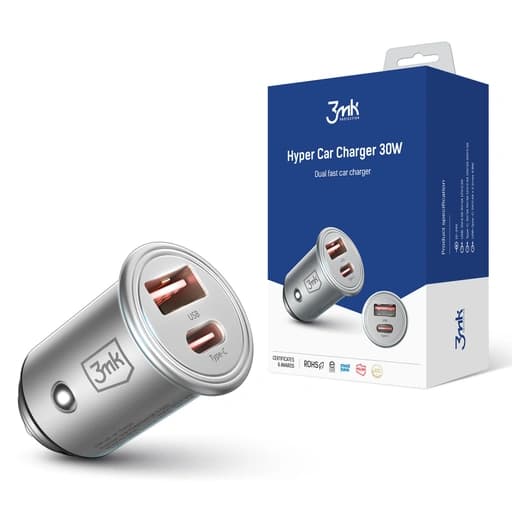 Accessories - 3mk Hyper Car Charger 30W PD QC PPS USB 1A1C Silver - Maaarkosss