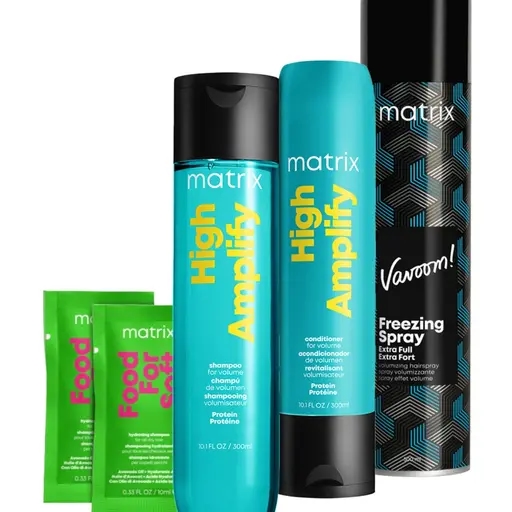 Zestaw 5 Matrix High Ampify Szampon, Odżywka i Lakier Vavoom Freezing Spray Extra Full 500 ML+ GRATIS 2 x saszetka FF