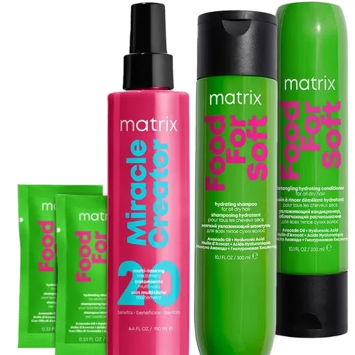 Zestaw 4 Matrix Spray do stylizacji Miracle Creator, Szampon i Odżywka Food for Soft + GRATIS 2 x saszetka FF